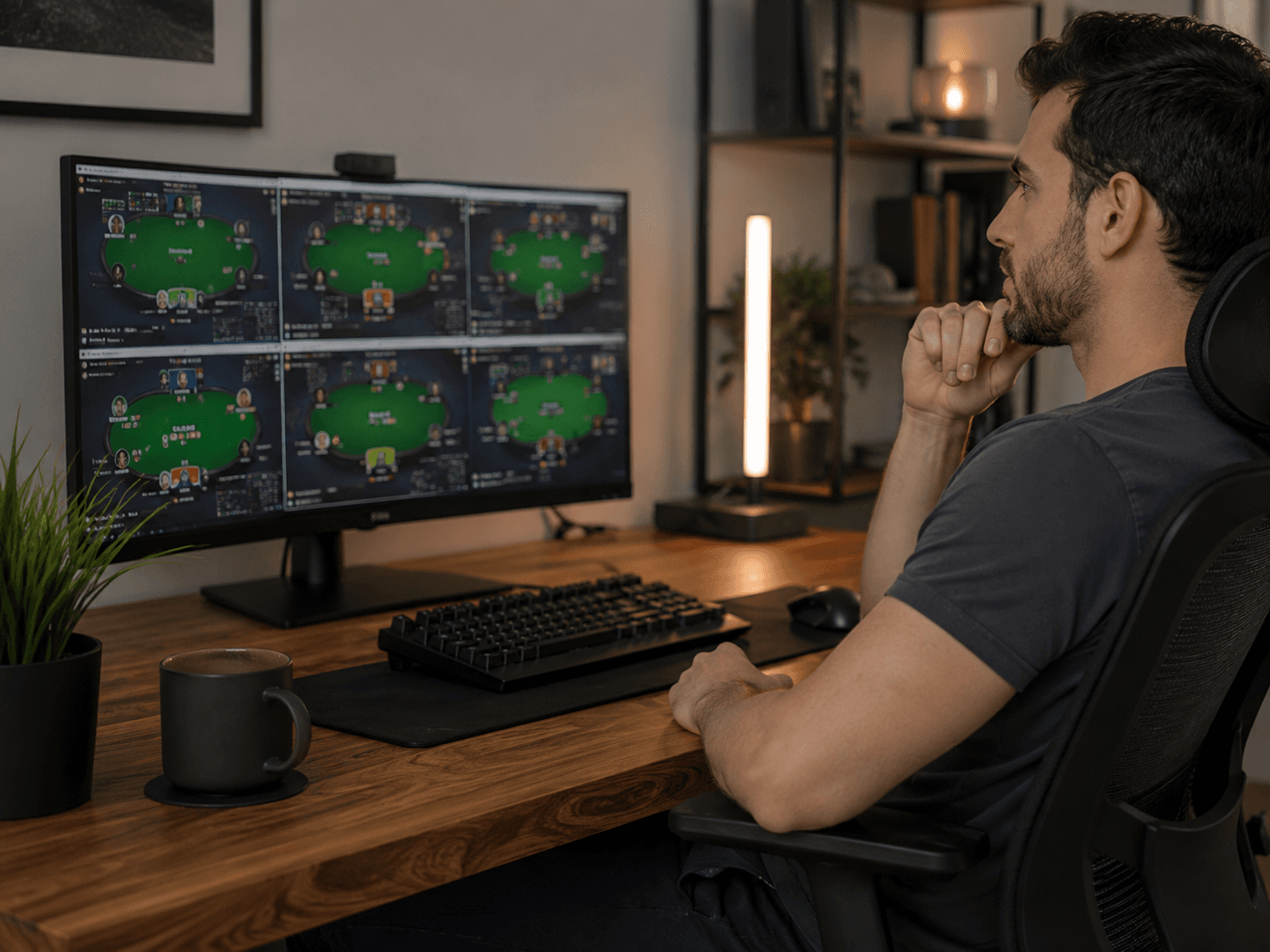 Jugador de póker frente a una sesión online, usado como referencia visual de Yoga4Poker.